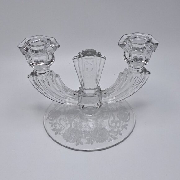 Tiffin Franciscan Etch Clear Glass Etched Double Light Candlestick Holder - Picture 1 of 5